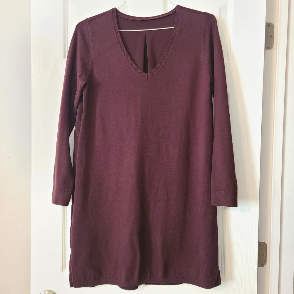 Maroon Burgundy Knit, Crepe Deep V-neck Dress ~ Size Large